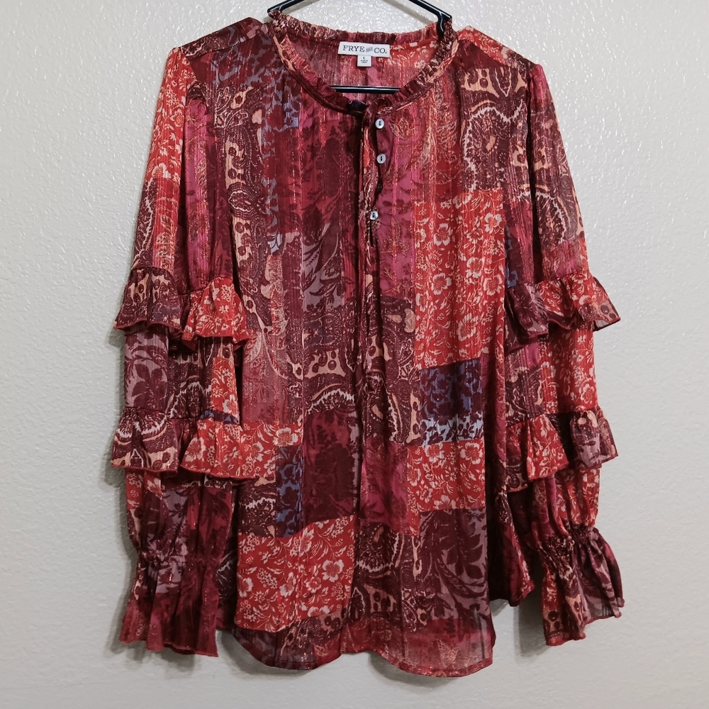 Frye Rust Floral Patchwork Ruffle Blouse Top - image 2
